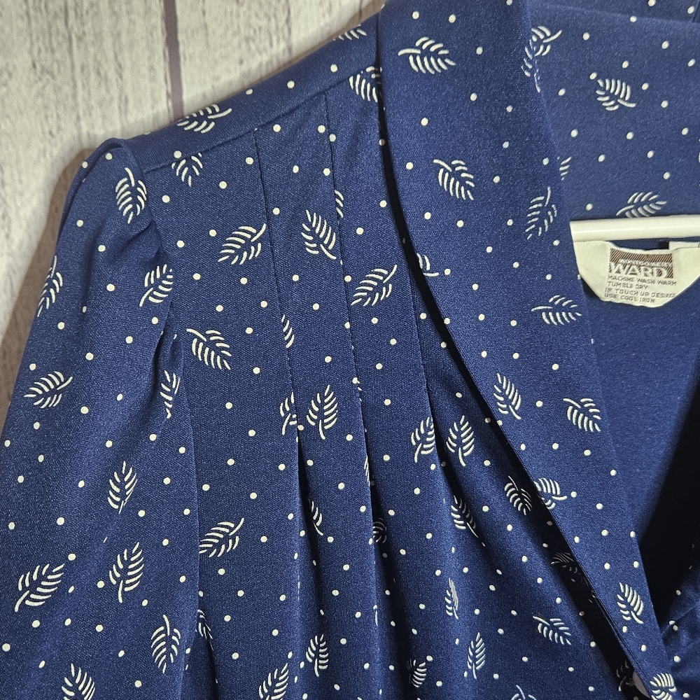 VTG Volup Montgomery Ward Navy Blue Midi Dress With Leaf Print, sz Large/XL - Picture 5 of 8